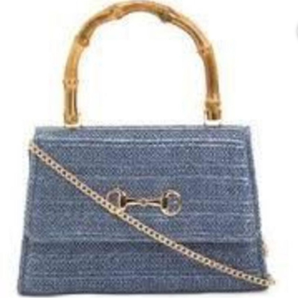 D’Margeaux brand Woven Blue Top-Handle Bag with Bamboo Handles